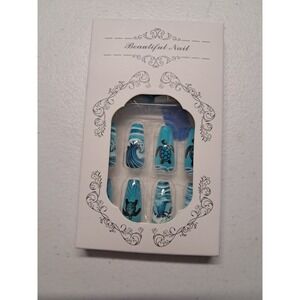 Beautiful Nail Sea Turtle Ocean Wave Press On Nails Blue Coffin Long 24pc Kit